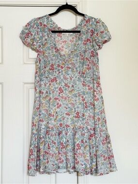 Floral Tiered V-Neck Summer Dress - Light Blue Multi